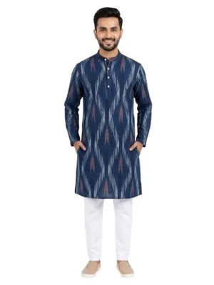 Itsyboo Blue Cotton Kurta Pyjama Set for Men | Soft Breathable Summer Ethnic Wear | Full Sleeve Mandarin Collar Traditional Outfit