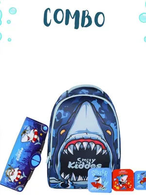 Smily Kiddos Combo pack Shark Theme | Backpack, Pencil Case ,Lunch Box, Water Bottle.