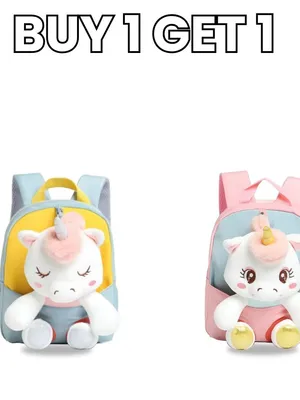 Smily Kiddos Unicorn Plush Backpack Combo – Pink & Yellow | Buy 1 Get 1