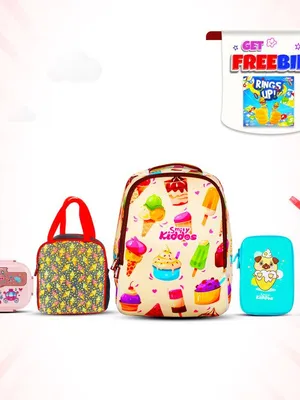 Smily Kiddos Combo Pack(Backpack,Pencil case,Lunch Bag,Lunch Box, Sipper Water Bottle Pink(Ice Cream Theme)