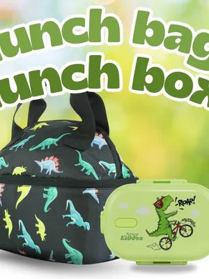 Smily Kiddos Combo Double Decker Lunch Bag and Stainless Steel Lunch Box | Dino Theme
