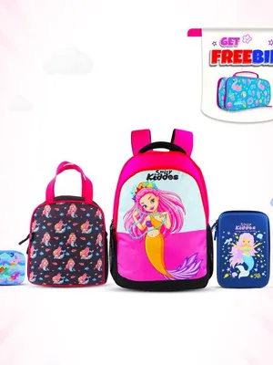 Smily Kiddos Combo Pack(Backpack,Pencil case,Lunch Bag,Lunch Box, Sipper Water Bottle Pink(Mermaid Theme)