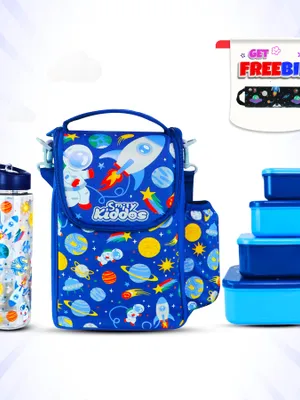 Space Theme Lunch Combo 3-in-1 Pack | Insulated Lunch Bag, BPA-Free Lunch Box & Leakproof Water Bottle - Blue