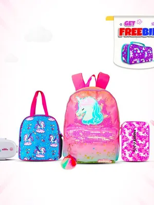 Smily Kiddos Combo Pack(Backpack,Pencil case,Lunch Bag,Lunch Box,Sipper Water Bottle Unicorn Theme.