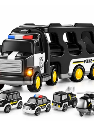 Kidology 5-in-1 Police Truck Toy for Kids | Carrier Truck with 4 Mini Cars, Lights & Siren, Boys Toys Ages 3-7 Years