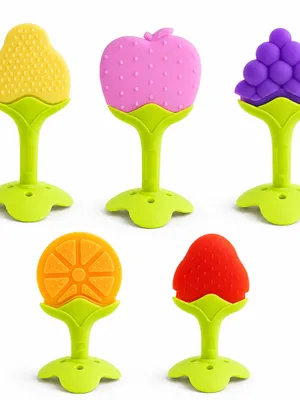 Kidology Fruit-Shaped Silicone Baby Teether Set, Pack of 5, Colourful Teething Toys for Babies & Toddlers