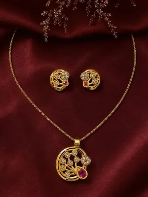 Gold Rose Flower Pendant Set with Ruby & CZ Stones