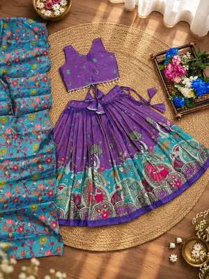 Girls Purple & Turquoise Printed Lehenga Choli Set with Dupatta
