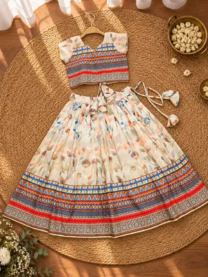 Girls Cream Printed Lehenga Choli Set with Dupatta