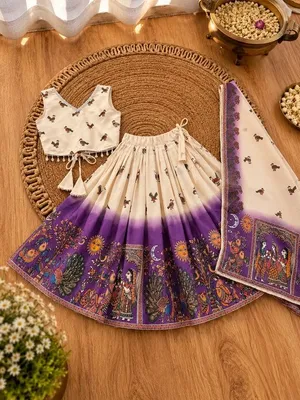 Girls Cream & Purple Printed Lehenga Choli Set with Dupatta