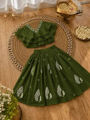 Girls Lehenga Choli Set Layered Ruffle Blouse - Mehndi