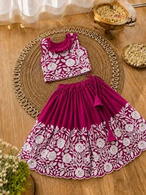 Royal Embroidered Lehenga Set for Girls - Rani Pink