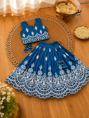 Girls Designer Embroidered Lehenga Choli Set - Rama