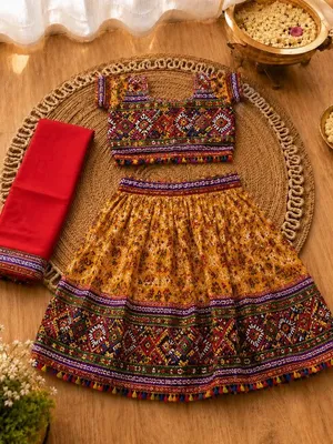 Mustard Kaju Katri Patola Lehenga Choli Set with Red Dupatta