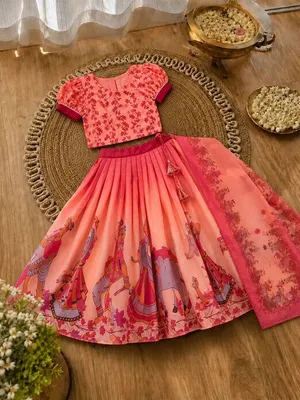 Girls Rajasthani Print Lehenga Choli Set with Dupatta – Sunrise pink