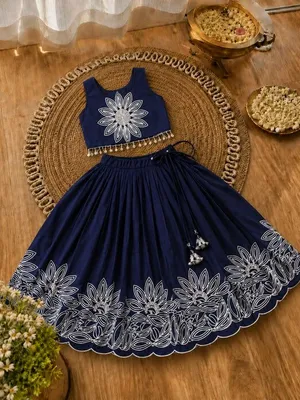 Girls Floral Embroidered Lehenga Choli Set - Midnight Navy