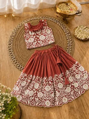 Royal Embroidered Lehenga Set for Girls - Rust Orange
