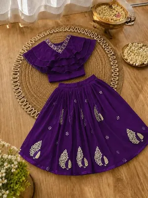 Girls Lehenga Choli Set Layered Ruffle Blouse - Rich Purple