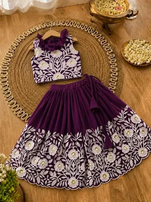 Royal Embroidered Lehenga Set for Girls - Deep Purple