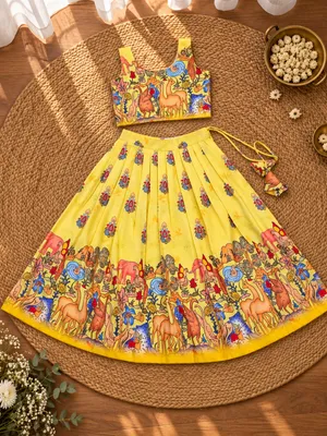 Girls Yellow Printed Lehenga Choli Set with Dupatta