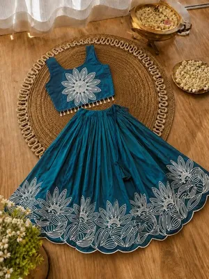 Girls Floral Embroidered Lehenga Choli Set - Peacock Teal