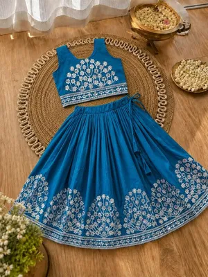 Girls Embroidered Lehenga Choli Set – Teal Blue