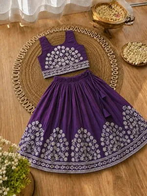 Girls Embroidered Lehenga Choli Set – Dark purple