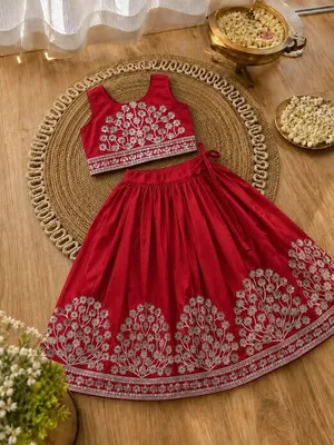 Girls Embroidered Lehenga Choli Set – Red