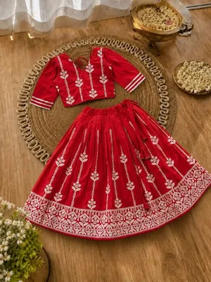 Girls Designer Ethnic Lehenga Set - Ruby Red