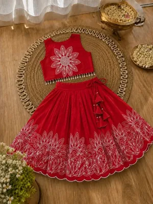 Girls Floral Embroidered Lehenga Choli Set - Ruby Red