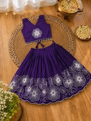 Girls Floral Embroidered Lehenga Choli Set - Purple