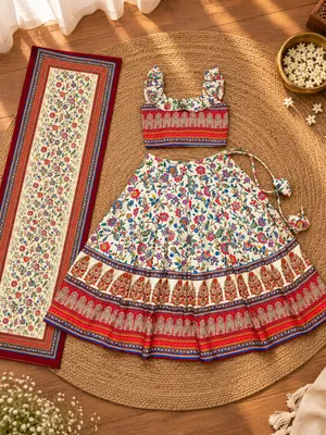 Girls Cream Floral Printed Lehenga Choli Set with Dupatta