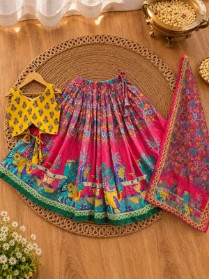 Girls Pink & Yellow Printed Lehenga Choli Set with Dupatta
