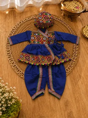 Blue Embroidered Kediyu with Dhoti Pants & Cap