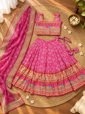 Girls Pink Printed Lehenga Choli Set with Dupatta