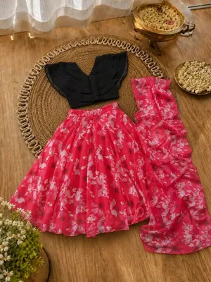 Girls Floral Print Lehenga Choli Set with Dupatta - Black & Pink
