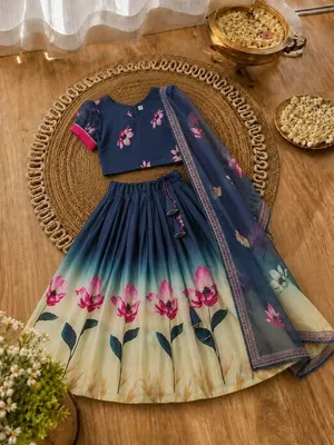Girls Floral Print Lehenga Choli Set with Dupatta - Navy Blue Ombre