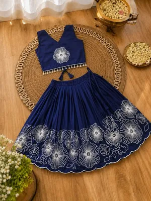 Girls Floral Embroidered Lehenga Choli Set - Navy Blue