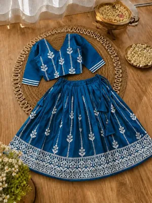 Girls Designer Ethnic Lehenga Set - Teal Blue