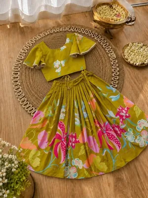 Girls Mehndi Green Floral Lehenga Choli Set
