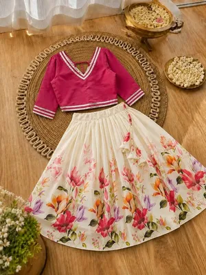 Girls Floral Lehenga Choli Set - Pink