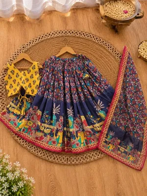 Girls Yellow & Navy Printed Lehenga Choli Set with Dupatta