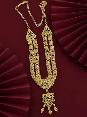 Gold Rajasthani Multi-Strand Necklace with Meenakari Dome Pendant