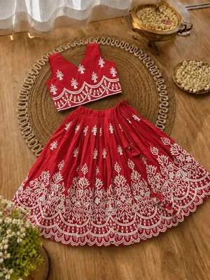 Girls Designer Embroidered Lehenga Choli Set - Ruby Red