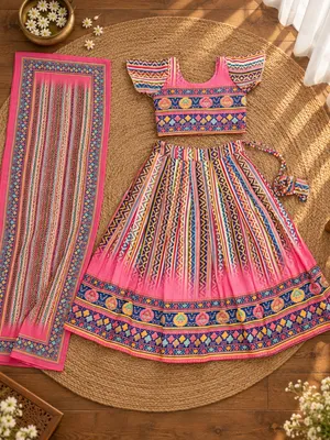 Girls Pink Printed Lehenga Choli Set with Multicolour Borders