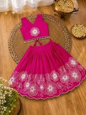 Girls Floral Embroidered Lehenga Choli Set - Pink