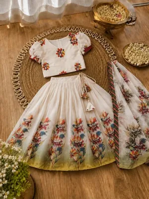 Girls Floral Print Lehenga Choli Set with Dupatta - Off white