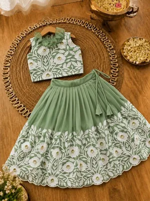 Royal Embroidered Lehenga Set for Girls - Mint Green