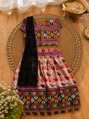 white Patola Lehenga Choli Set with Black Dupatta