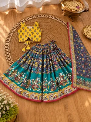 Girls Yellow, Navy & Teal Printed Lehenga Choli Set with Dupatta